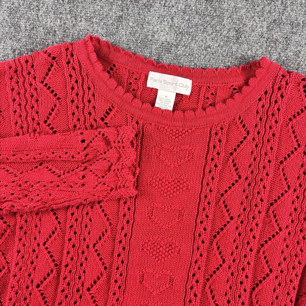 Paris Sport Club Sweater Womens M Red Heart Knit Scallop Pointelle